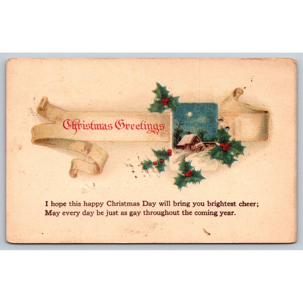 Vtg 1923 Christmas Postcard Snow House Holly Holiday Greeting Posted Steger IL
